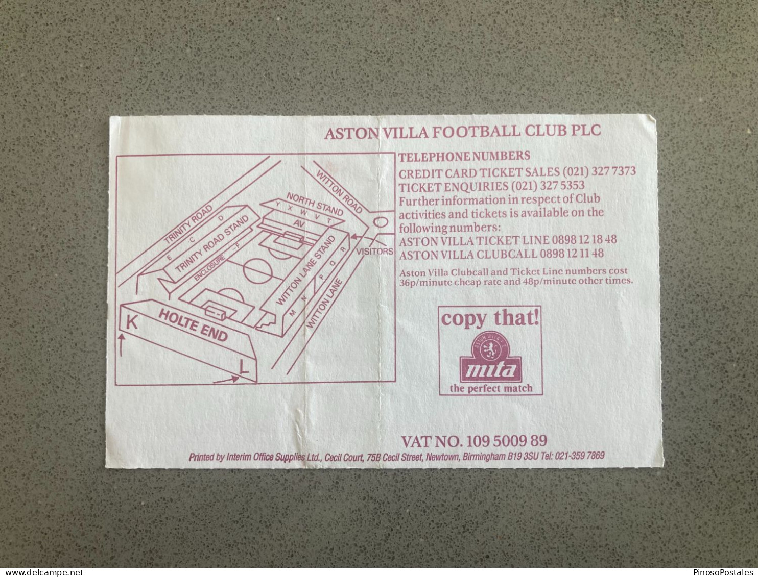 Aston Villa V Oldham Athletic 1992-93 Match Ticket - Tickets & Toegangskaarten