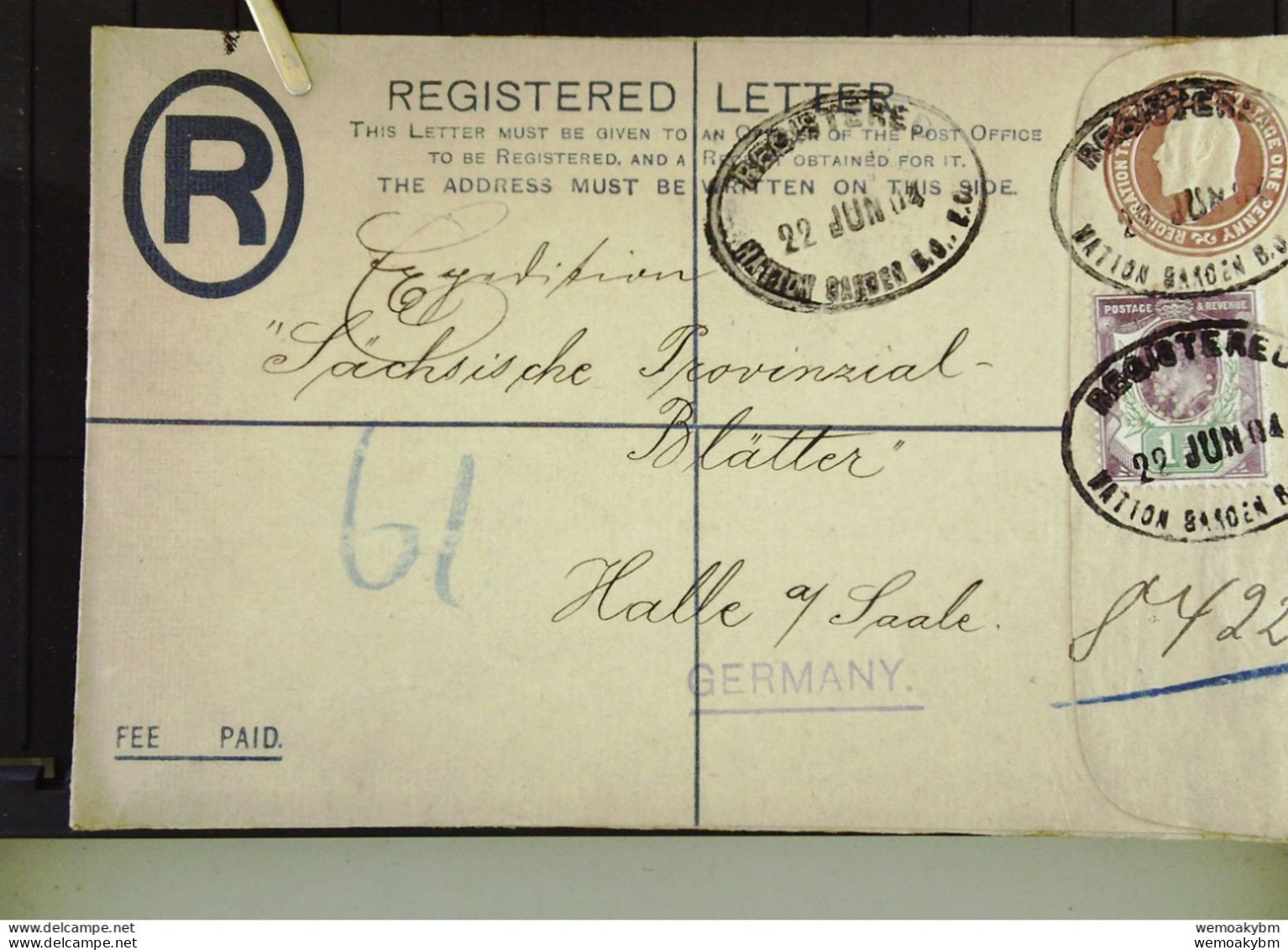England: London Registered Letter Cover To Germany Vom 22.6.1904 Nach Halle (Saale) Mit 1 1/2 D  Knr: 105 A - Errors, Freaks & Oddities (EFOs