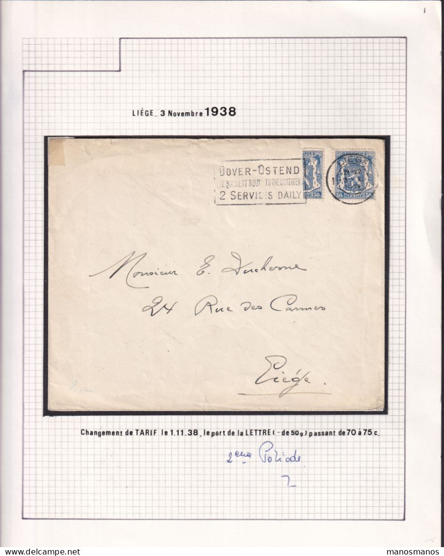 DDFF 906 -- Collection Petit Sceau De L' Etat - Enveloppe LIEGE 3 XI 1938 -1 Timbre Coupé En Deux = 75 C.- TARIF 1 XI 38 - 1935-1949 Petit Sceau De L'Etat
