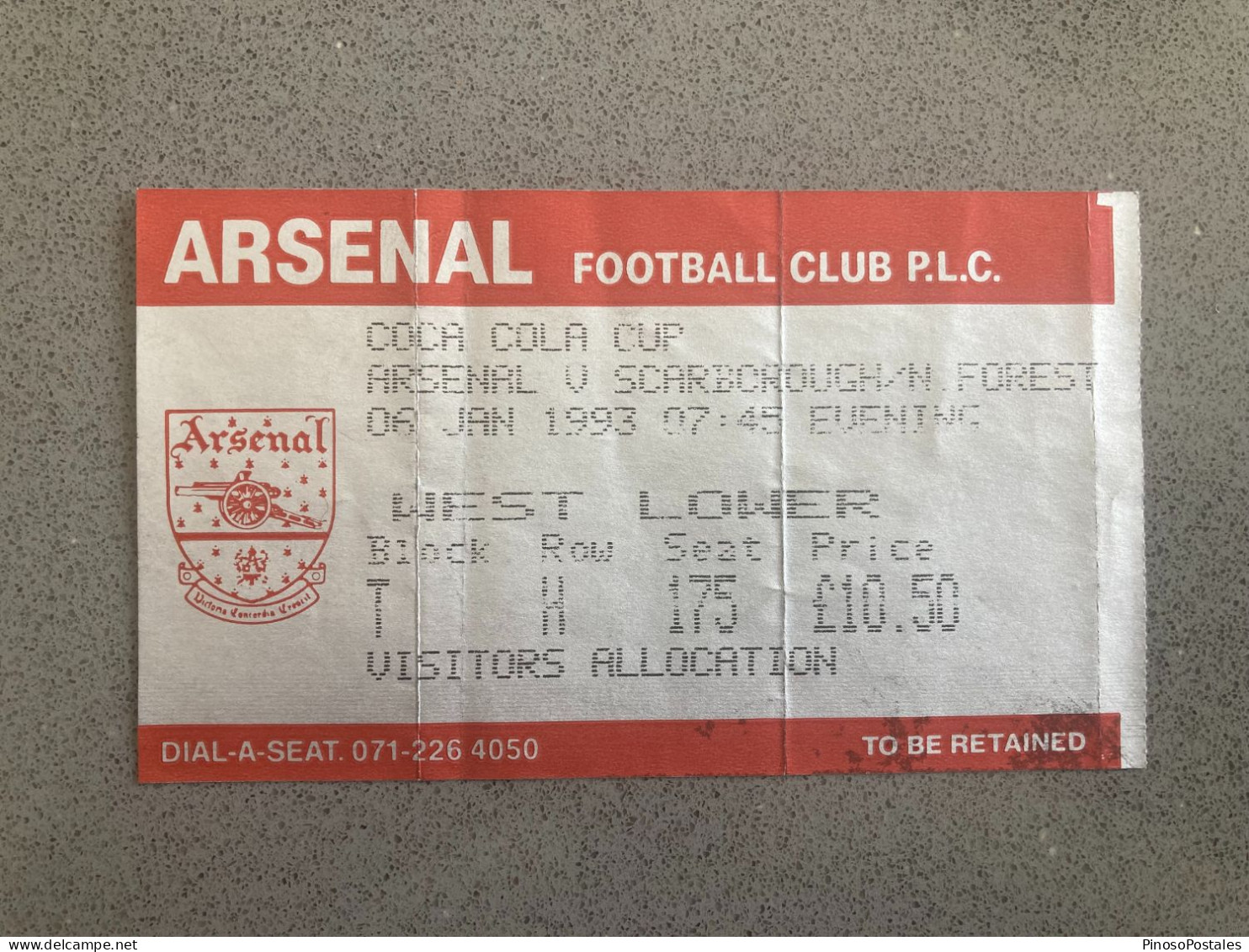 Arsenal V Scarborough 1992-93 Match Ticket - Tickets & Toegangskaarten