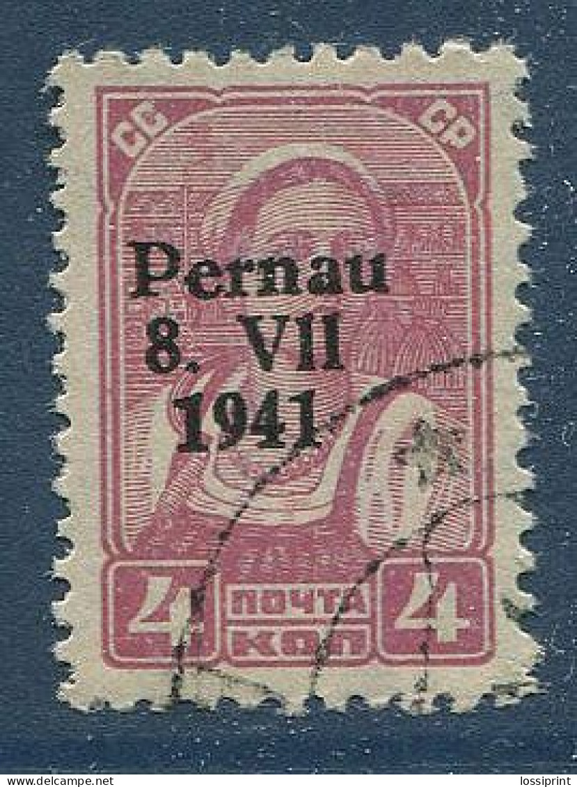 Germany:Estonia:Used Overprinted 4 Kop Soviet Stamp Pernau 8. V11 1941 - Estonia