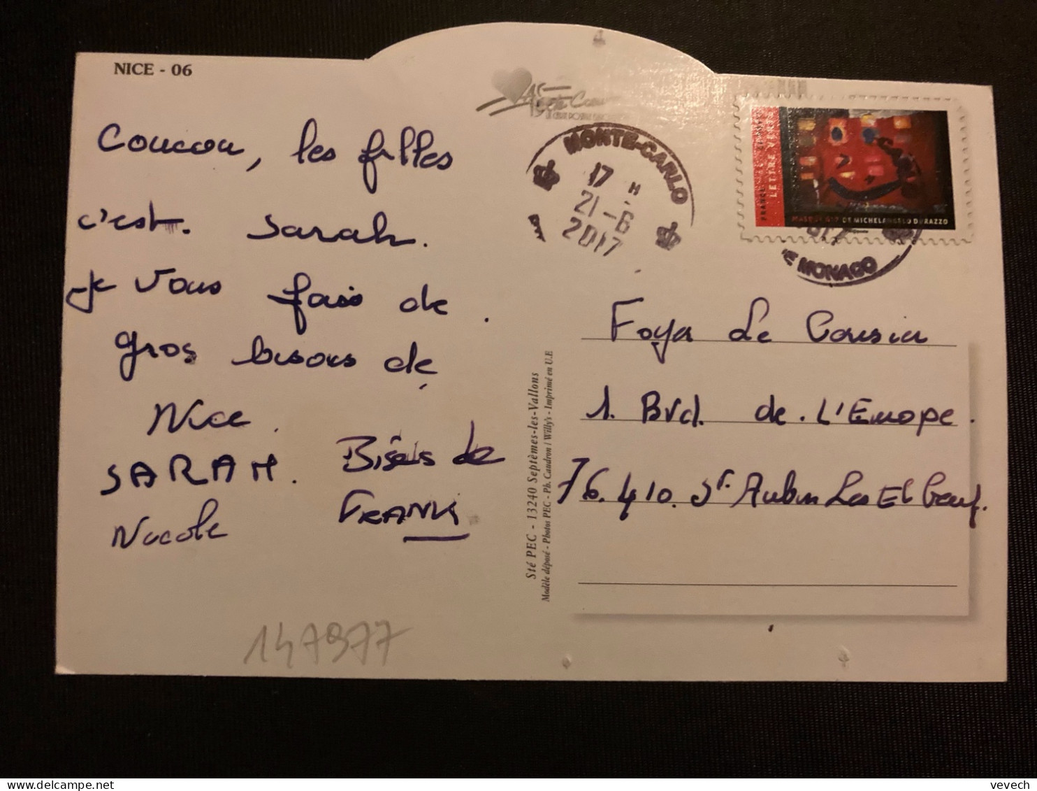 CP TP MASQUE N°7 LETTRE VERTE OBL.21-6 2017 MONTE-CARLO - Storia Postale