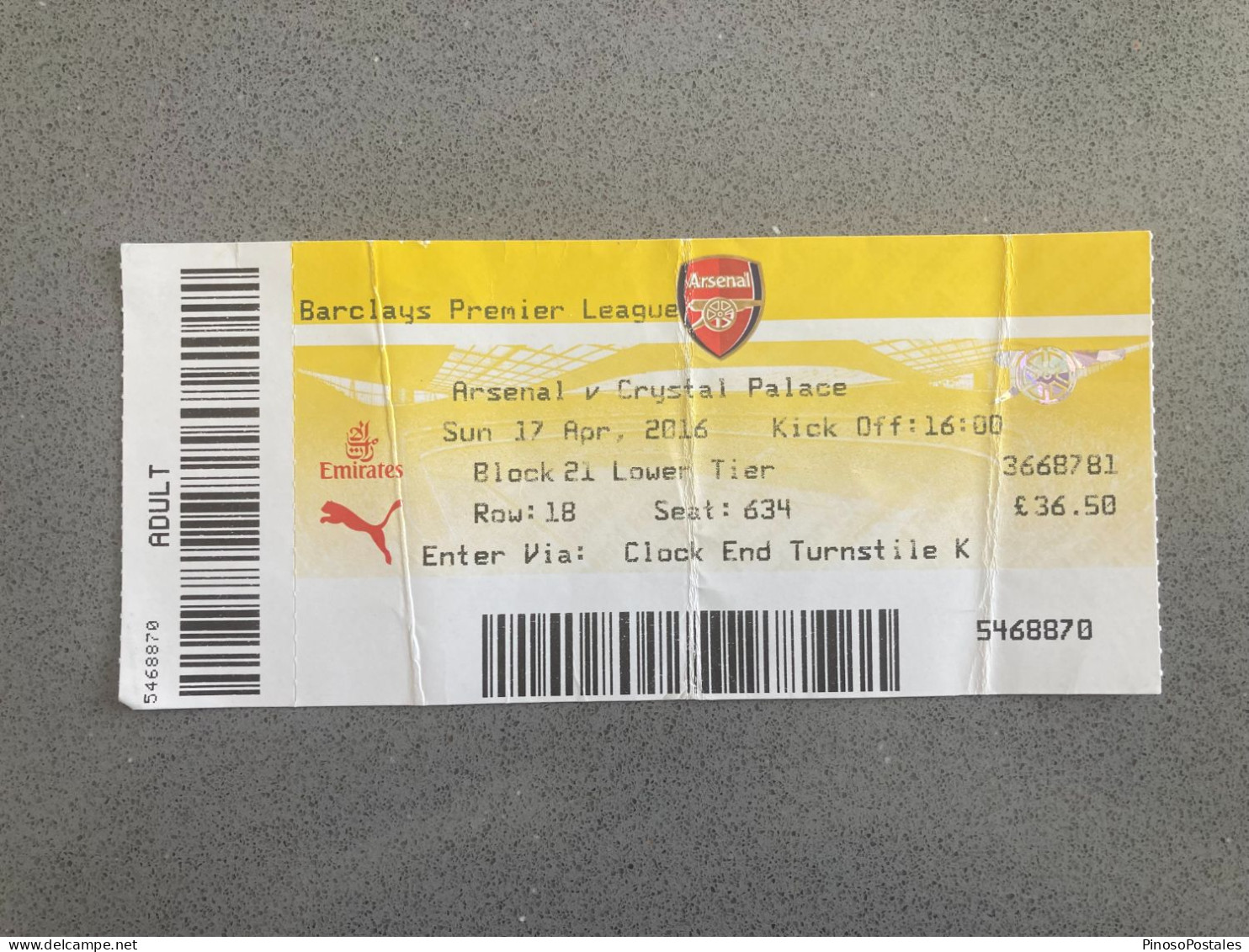 Arsenal V Crystal Palace 2015-16 Match Ticket - Tickets & Toegangskaarten