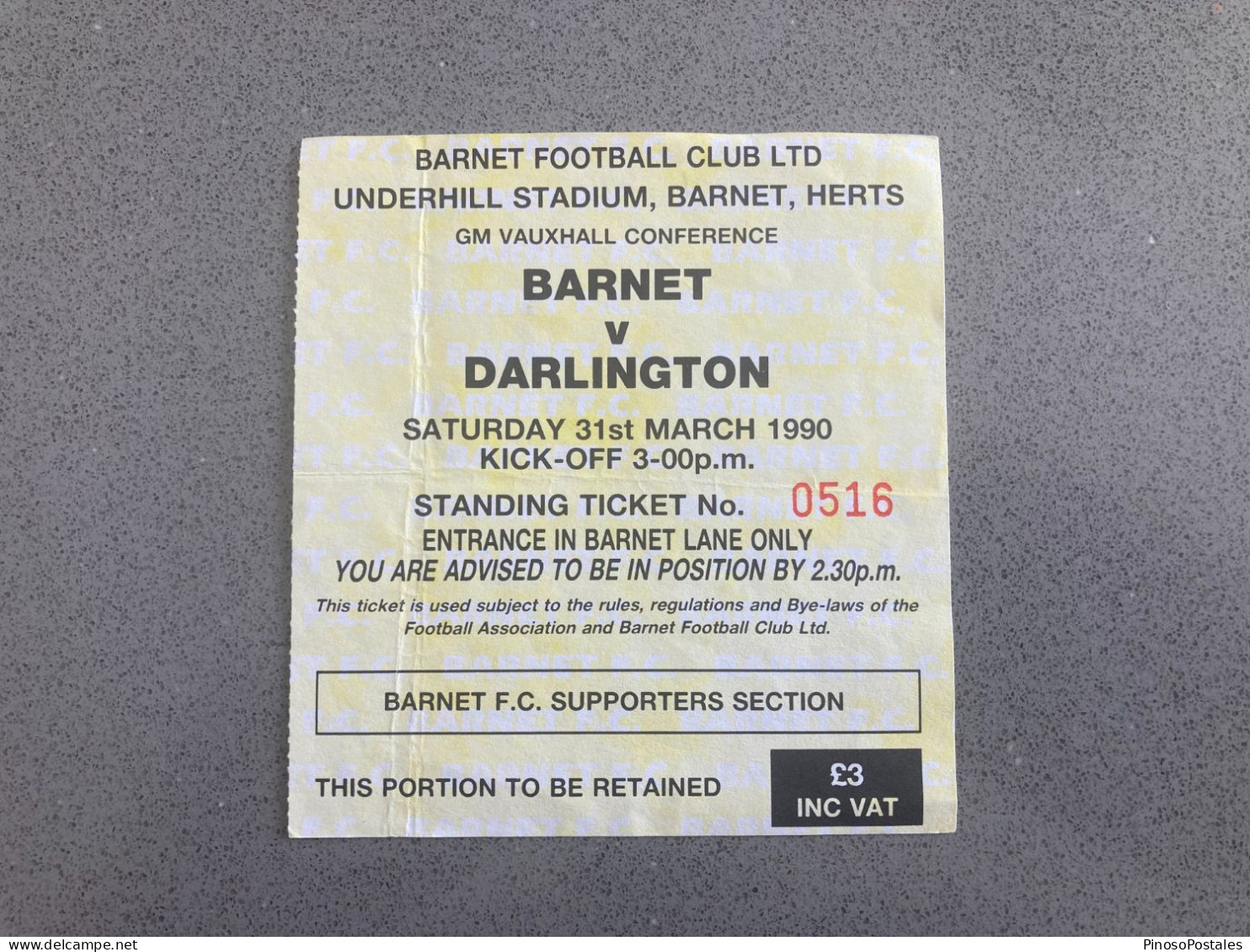 Barnet V Darlington 1989-90 Match Ticket - Tickets & Toegangskaarten