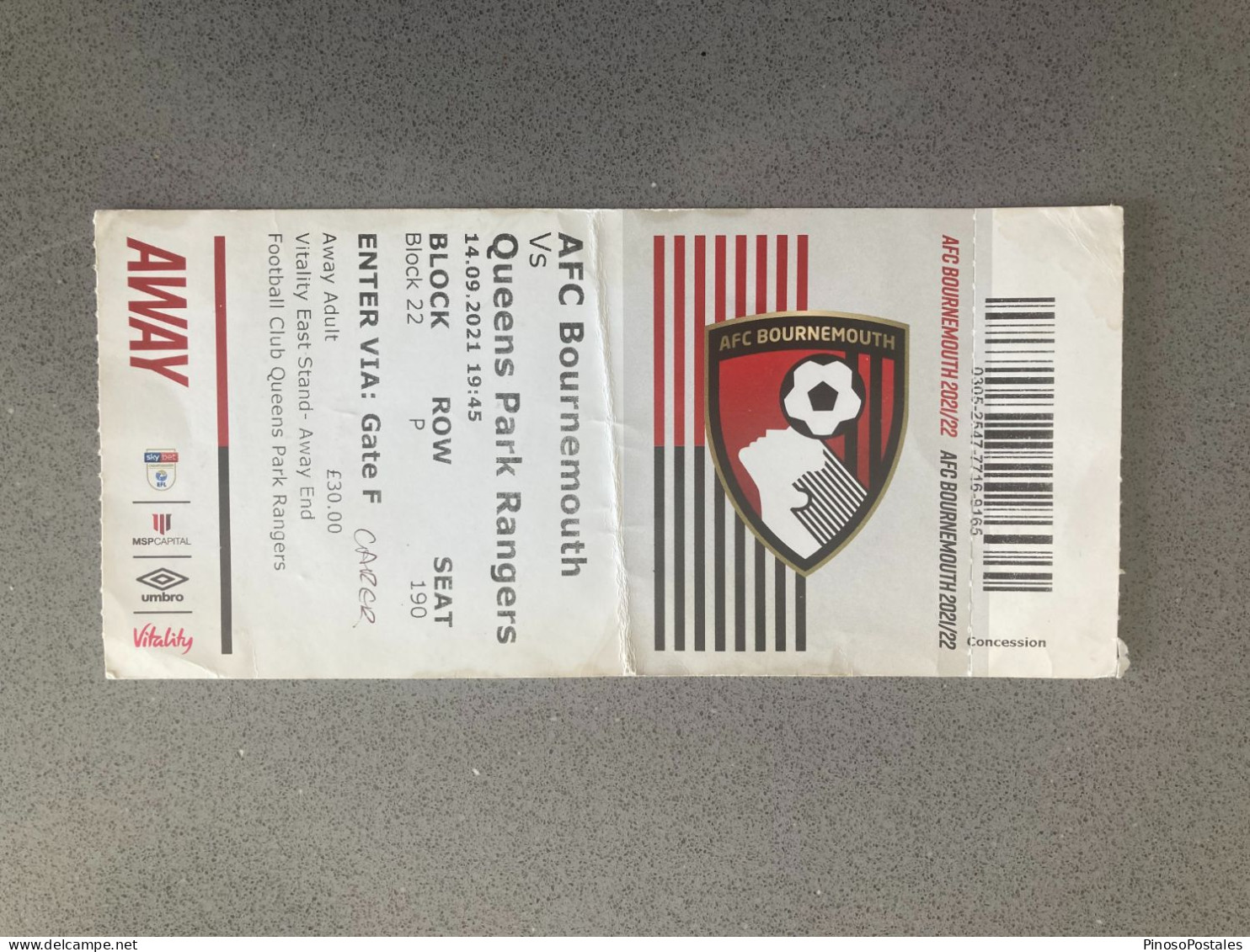 Bournemouth V Queens Park Rangers 2021-22 Match Ticket - Tickets & Toegangskaarten