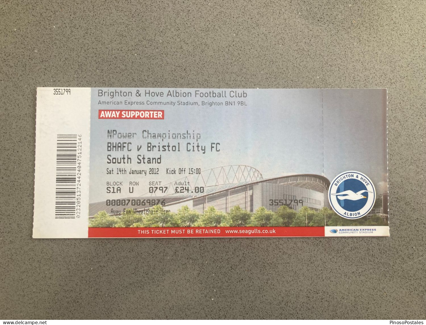 Brighton & Hove Albion V Bristol City 2011-12 Match Ticket - Tickets & Toegangskaarten