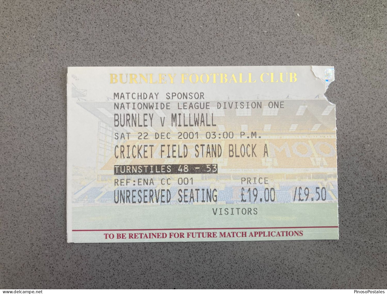 Burnley V Millwall 2001-02 Match Ticket - Match Tickets