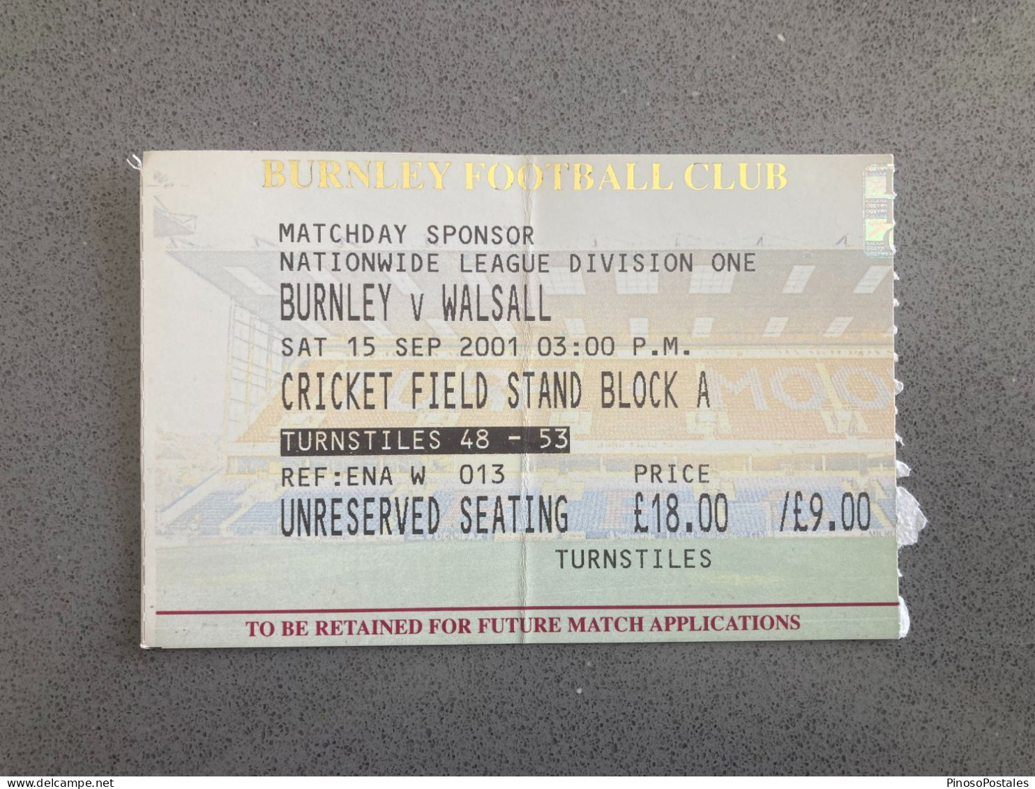 Burnley V Walsall 2001-02 Match Ticket - Tickets & Toegangskaarten