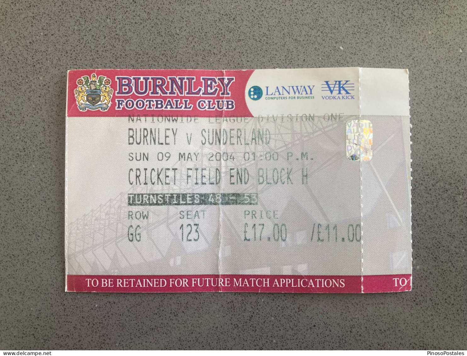 Burnley V Sunderland 2003-04 Match Ticket - Tickets & Toegangskaarten