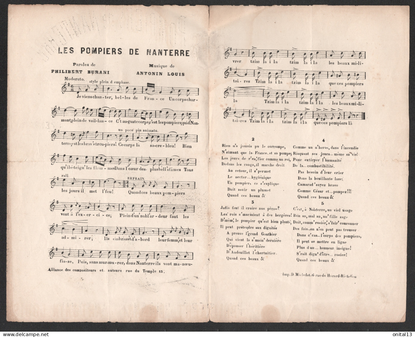 CHANSON PAROLES ET PARTITION / LES POMPIERS DE NANTERRE  / ILLUSTRATION ACHILLE BELLOGUET  E3 - Partitions Musicales Anciennes