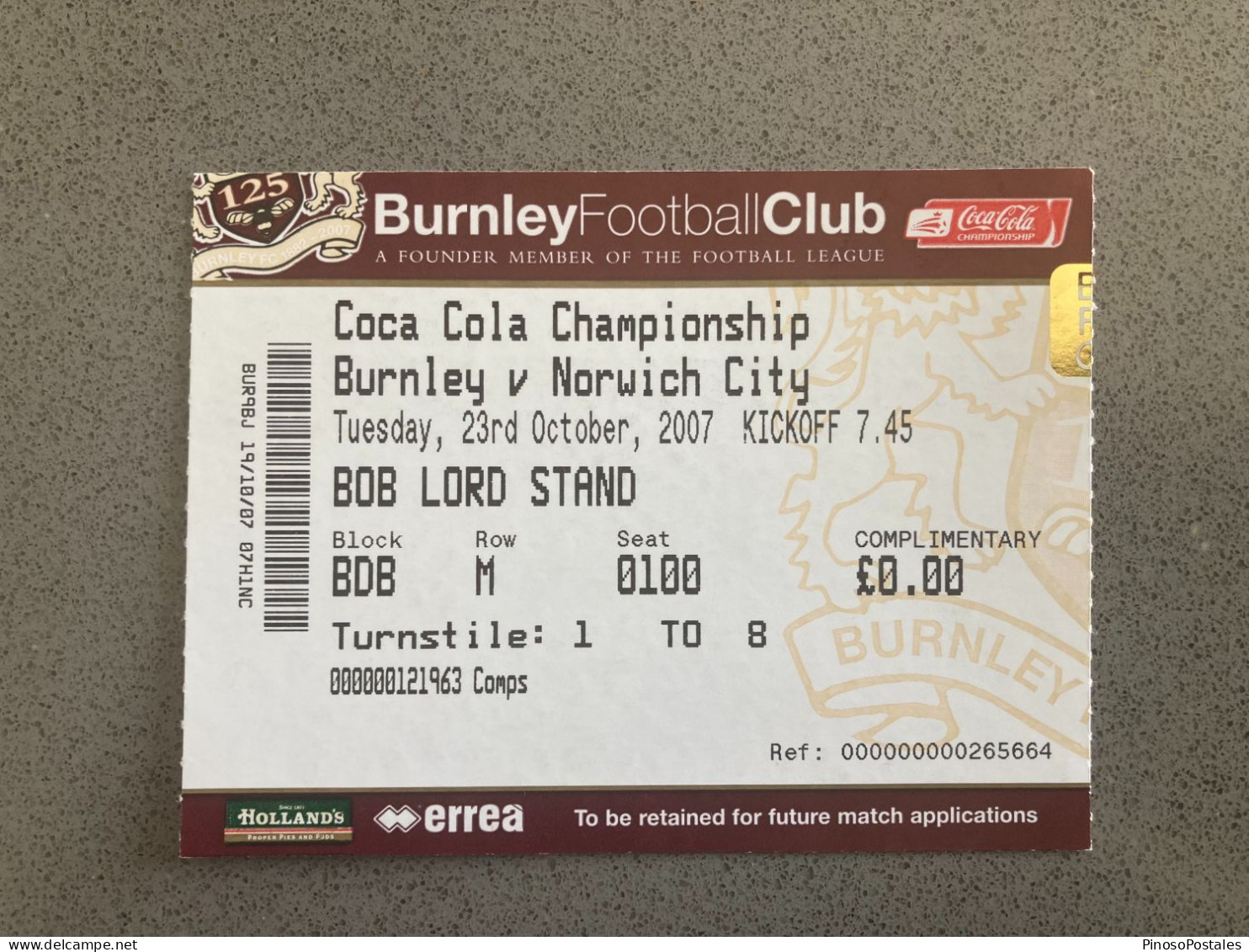 Burnley V Norwich City 2007-08 Match Ticket - Tickets & Toegangskaarten