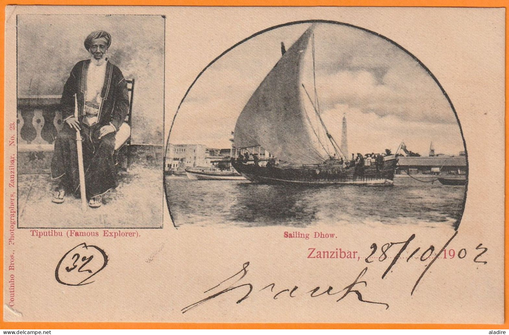1902 - 10 C Groupe Bord De Feuille Surchargé 1 Anna Sur CP De ZANZIBAR Vers Salerno, Italia - Via Port Said, Egypte BFE - Cartas & Documentos