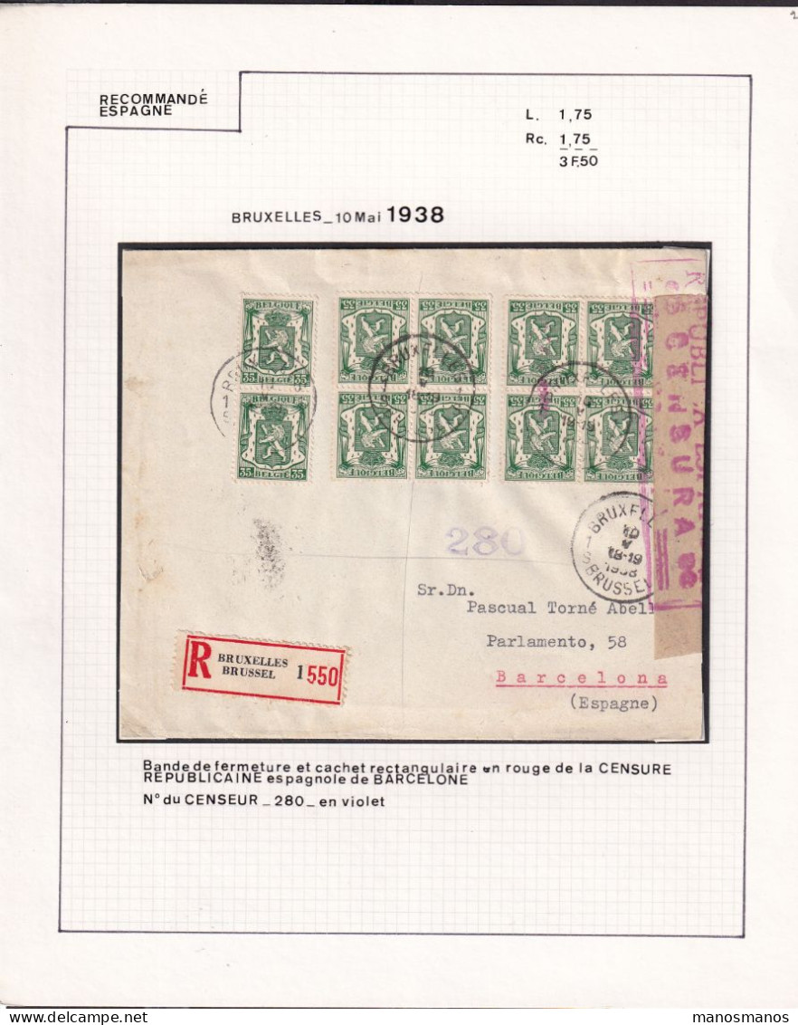 DDFF 908 -- Collection Petit Sceau De L' Etat - Enveloppe Reco BRUXELLES 1938 Vers BARCELONA - Censure Répub. Espagnole - 1935-1949 Piccolo Sigillo Dello Stato