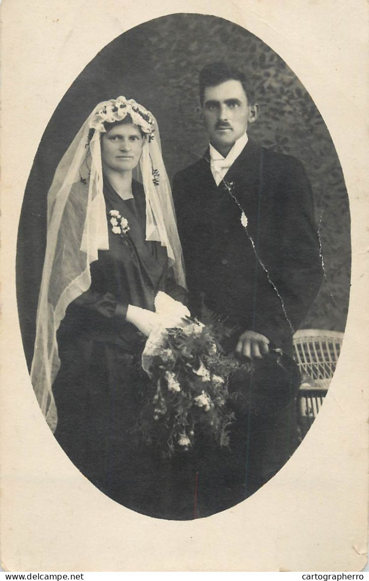 Family Social History Marriage Wedding Souvenir Photo Bride Groom Bouquet Moustache - Marriages