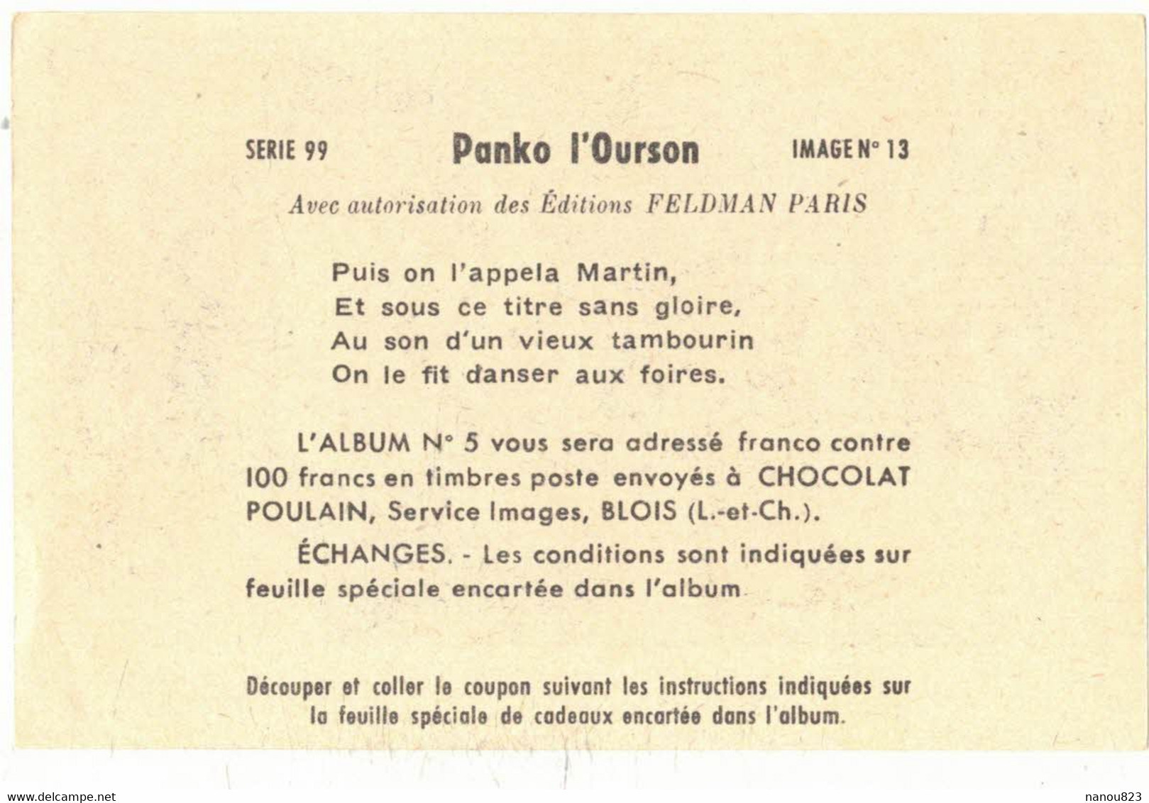 IMAGE CHROMO CHOCOLAT POULAIN Série 99 N° 13 PANKO L'OURSON OURS MARTIN TAMBOURIN DANSES FOIRES TSIGANES ROULOTTE - Poulain