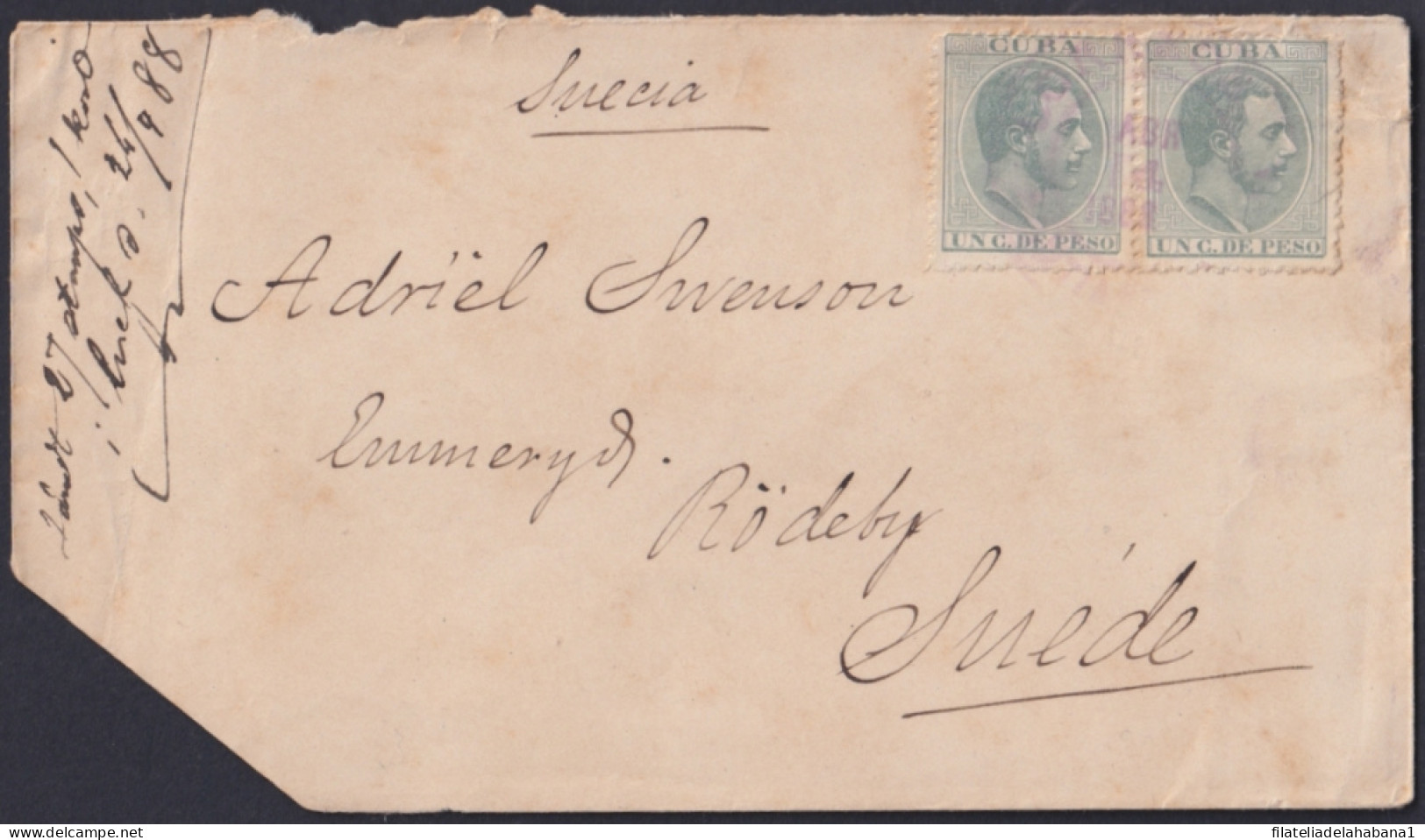 1884-H-85 CUBA SPAIN 1884 1c TIPE III RARE MATTER COVER 1888 TO SWEDEN.  - Prephilately