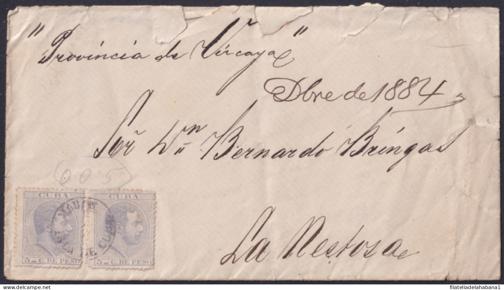 1884-H-86 CUBA 1884 5c COVER MORON TO VIZCAYA LA RESTOSA. POSTMARK WITHOUT DATA.  - Voorfilatelie