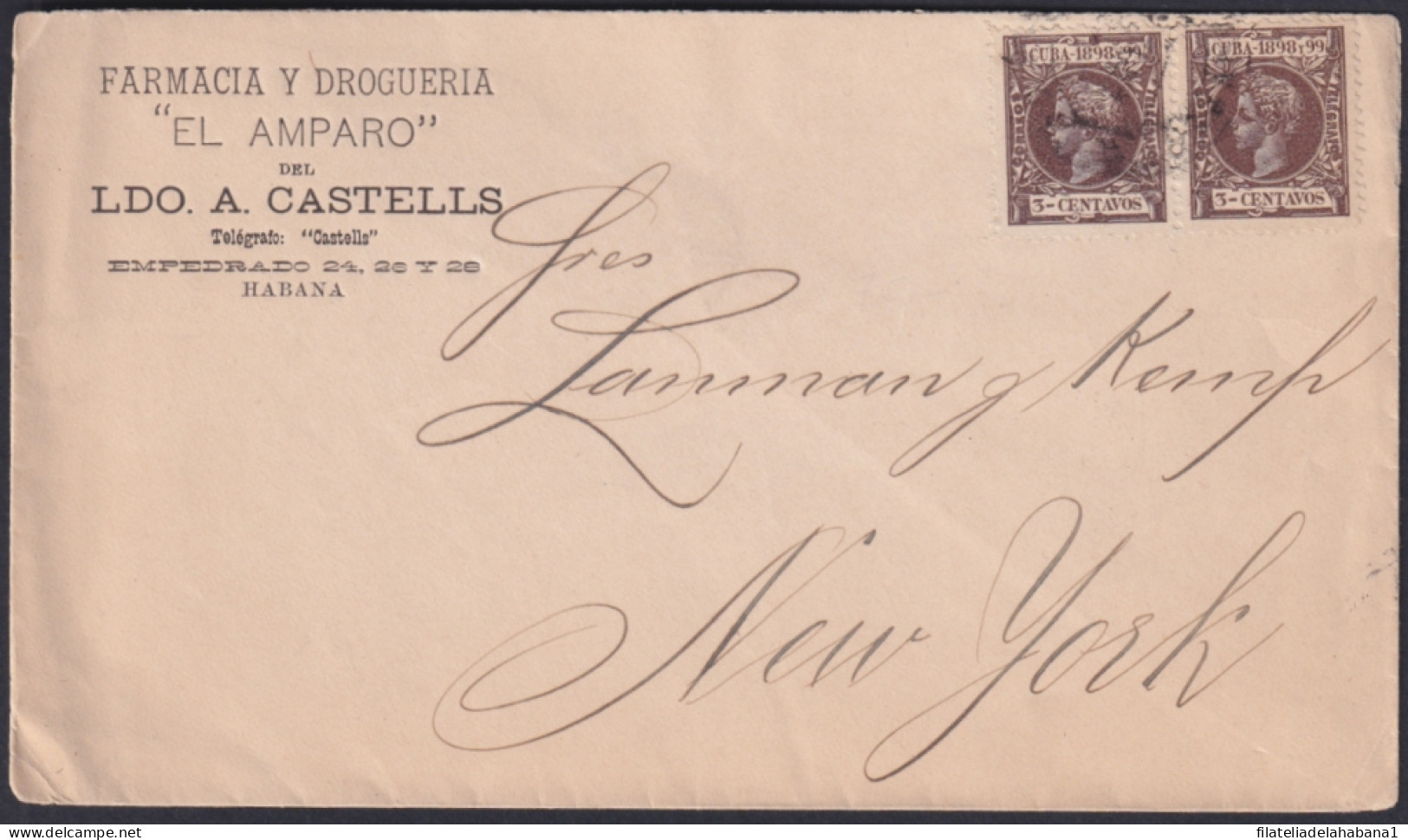 1898-H-105 CUBA 1898 3c COVER DRUG STORE HAVANA TO NEW YORK USA.  - Prephilately