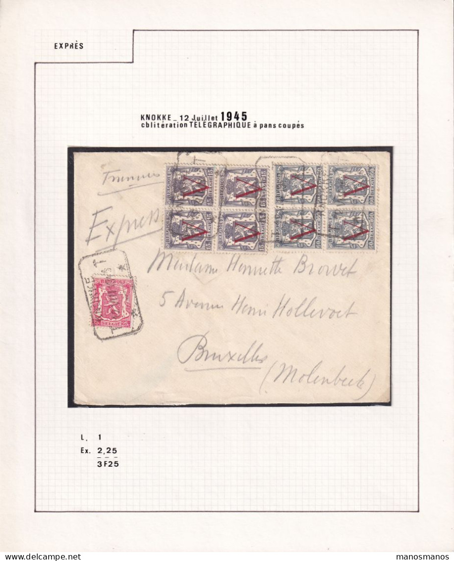 DDFF 910 -- Collection Petit Sceau De L' Etat - Enveloppe EXPRES KNOKKE 1945 - 2 Blocs De 4 TP 60 C + V - 1935-1949 Small Seal Of The State