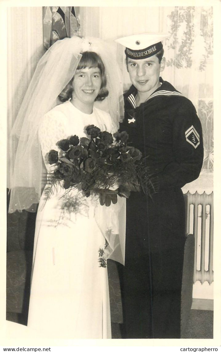 Family Social History Marriage Wedding Souvenir Photo Bride Groom Navy Uniform Flower Bouquet - Marriages