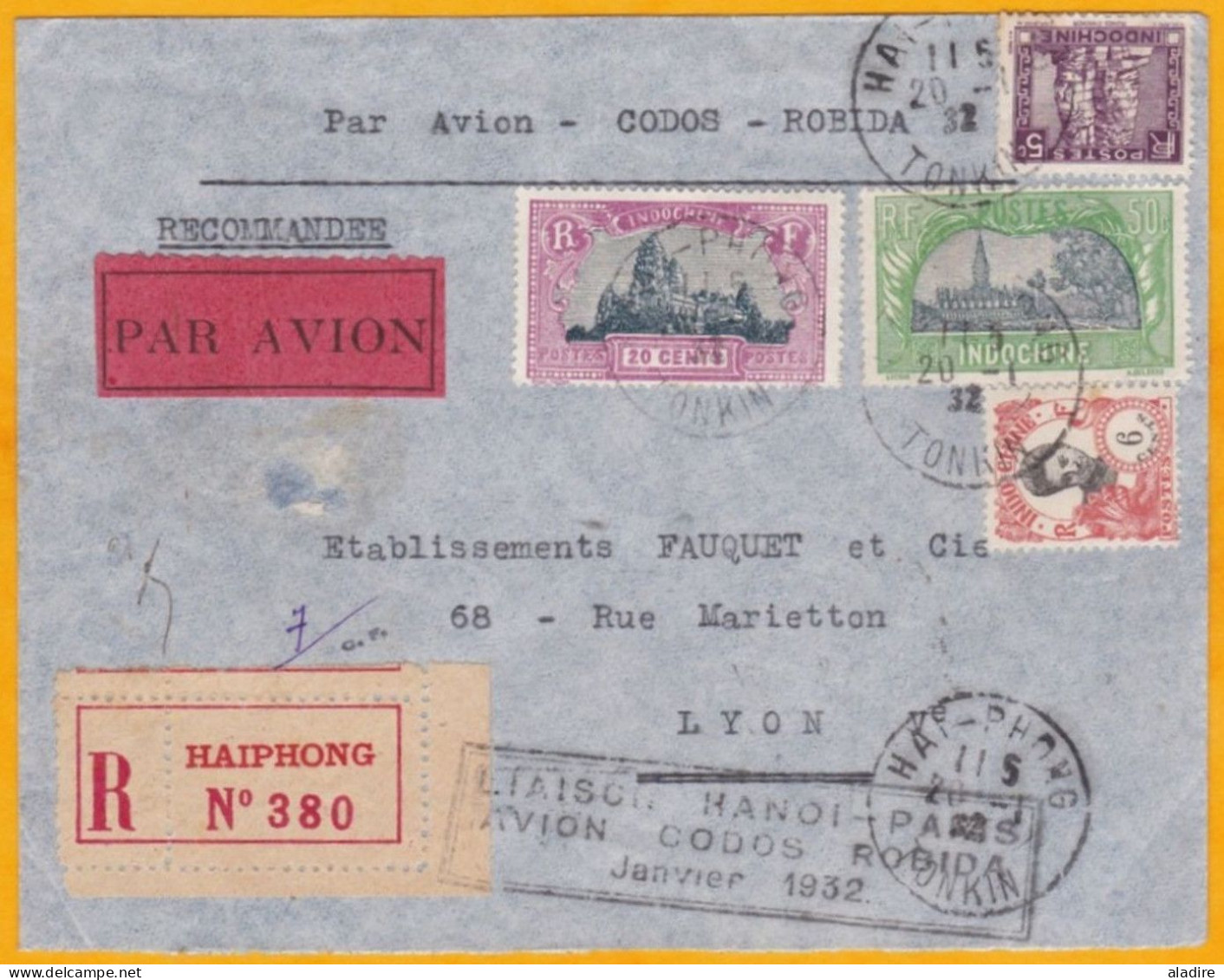 1932 - Enveloppe En RECOMMANDE Par Avion De Haiphong, Tonkin Vers Lyon - Via Hanoi - équipage CODOS Et ROBIDA - Airmail