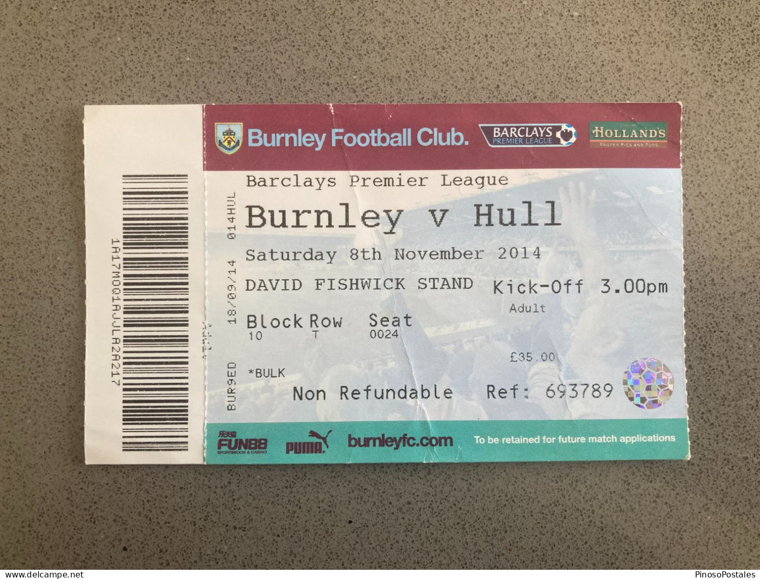 Burnley V Hull City 2014-15 Match Ticket - Tickets & Toegangskaarten