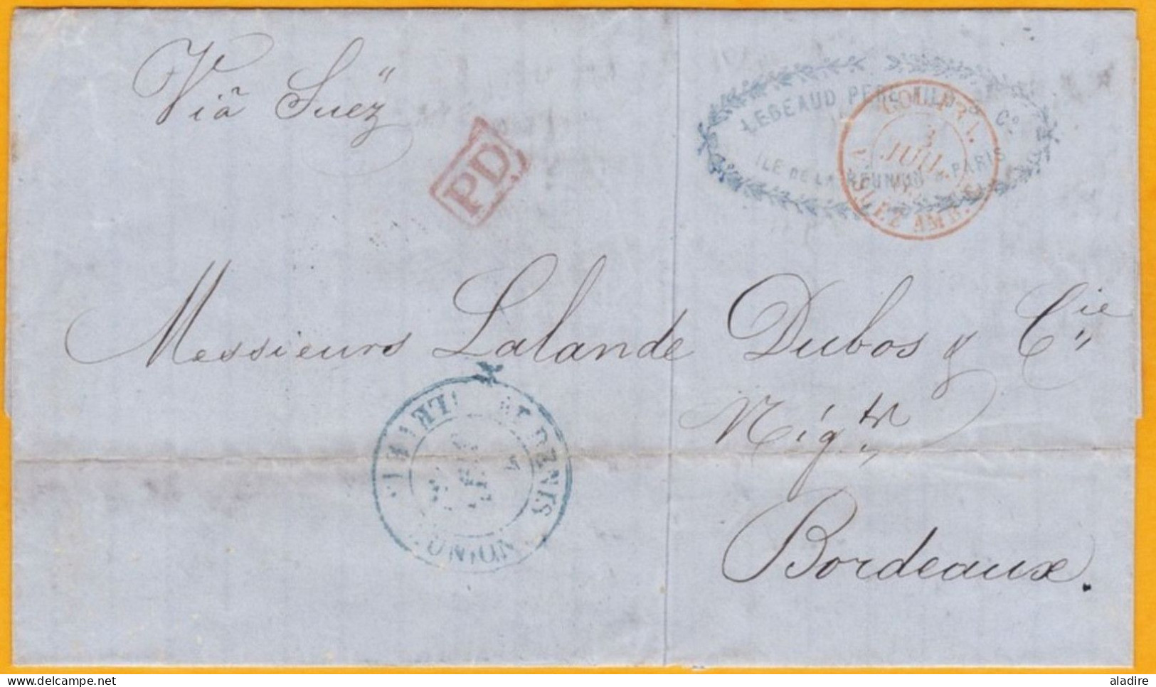 1862 - Enveloppe Pliée De Saint Denis, île De La Réunion Vers Bordeaux - Via Le Canal De Suez - Col. Fr. 1 - Suez - PD - Brieven En Documenten