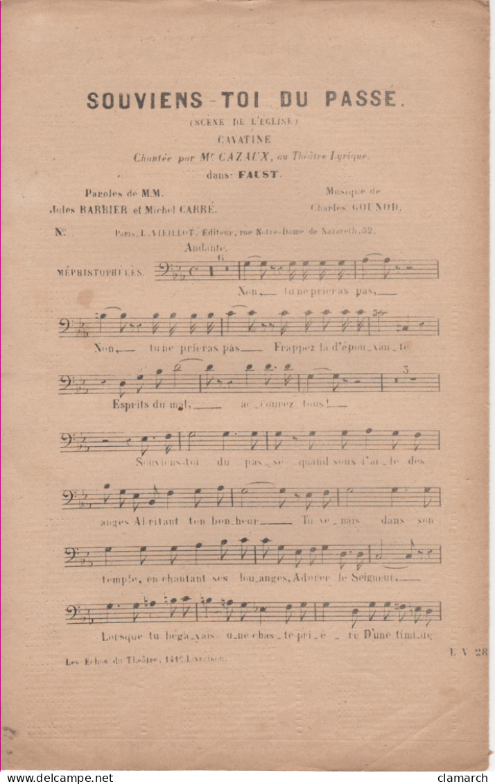 Partitions-SOUVIENS TOI DU PASSE Cavatine De L'Opéra FAUST Paroles De J Barbier & M Carré, Musique De Ch Gounod - Partitions Musicales Anciennes