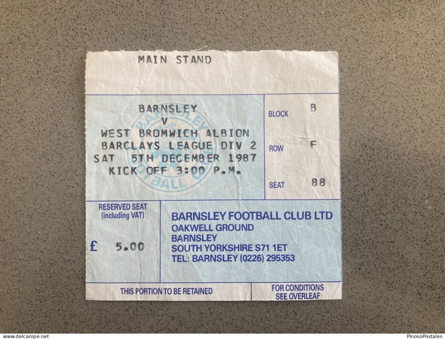 Barnsley V West Bromwich Albion 1987-88 Match Ticket - Tickets & Toegangskaarten
