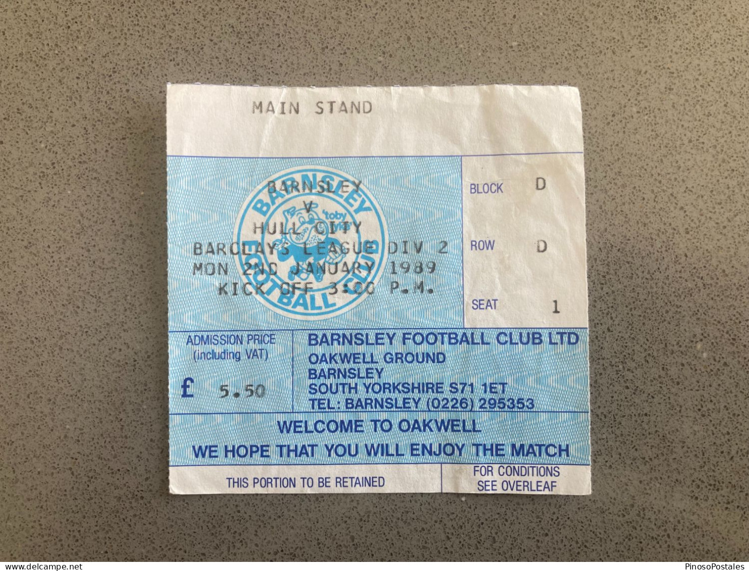 Barnsley V Hull City 1988-89 Match Ticket - Tickets & Toegangskaarten