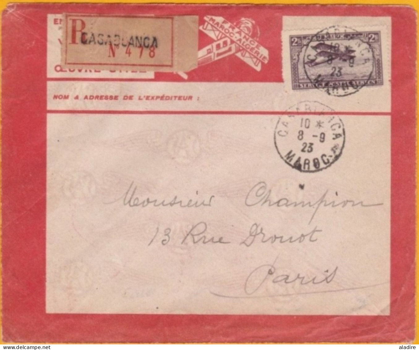8 Septembre 1923 - Maroc Précurseur Avion - Lettre Recommandée De Casablanca Vers Paris Par Lignes Aériennes Latécoère - Luchtpost