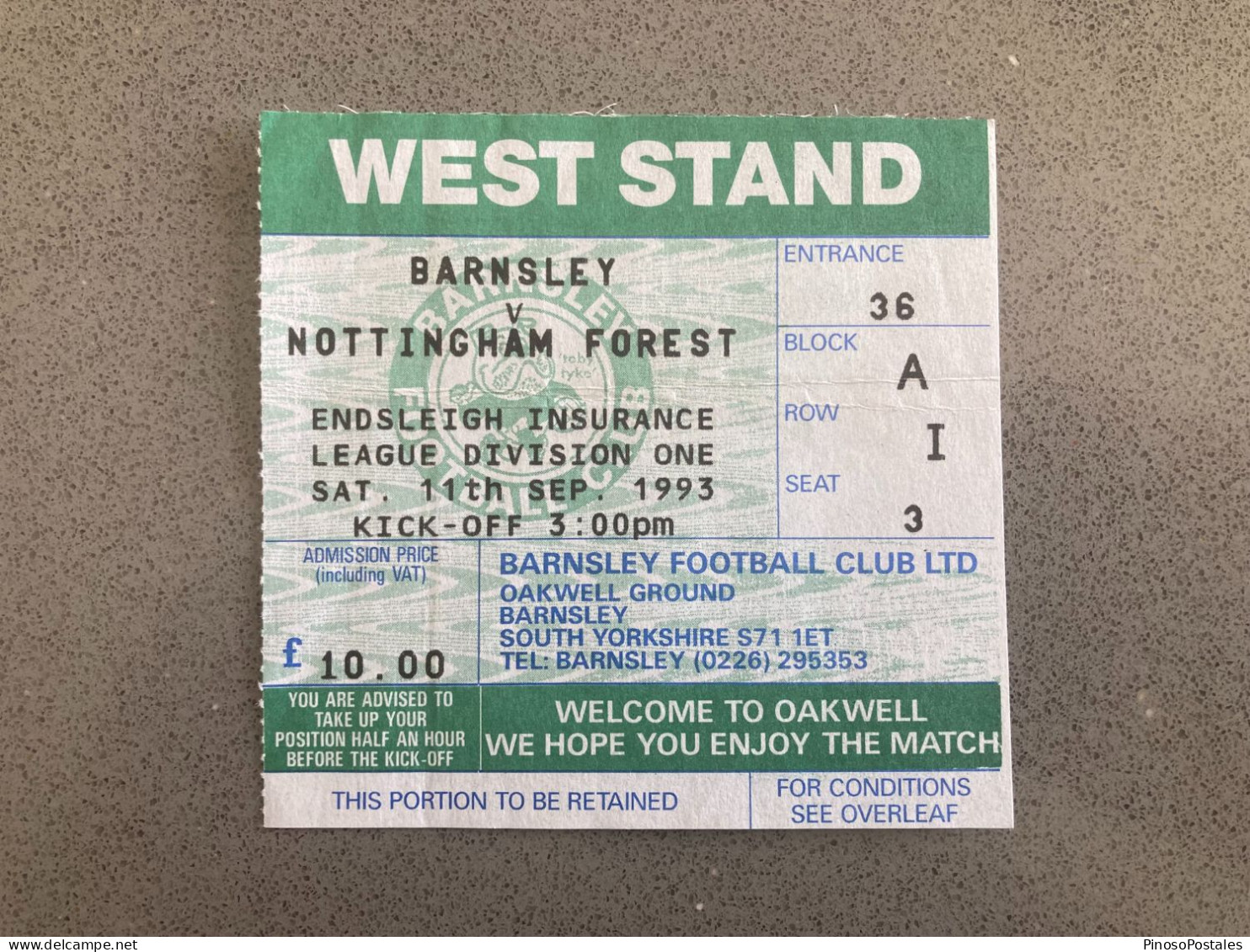 Barnsley V Nottingham Forest 1993-94 Match Ticket - Tickets & Toegangskaarten