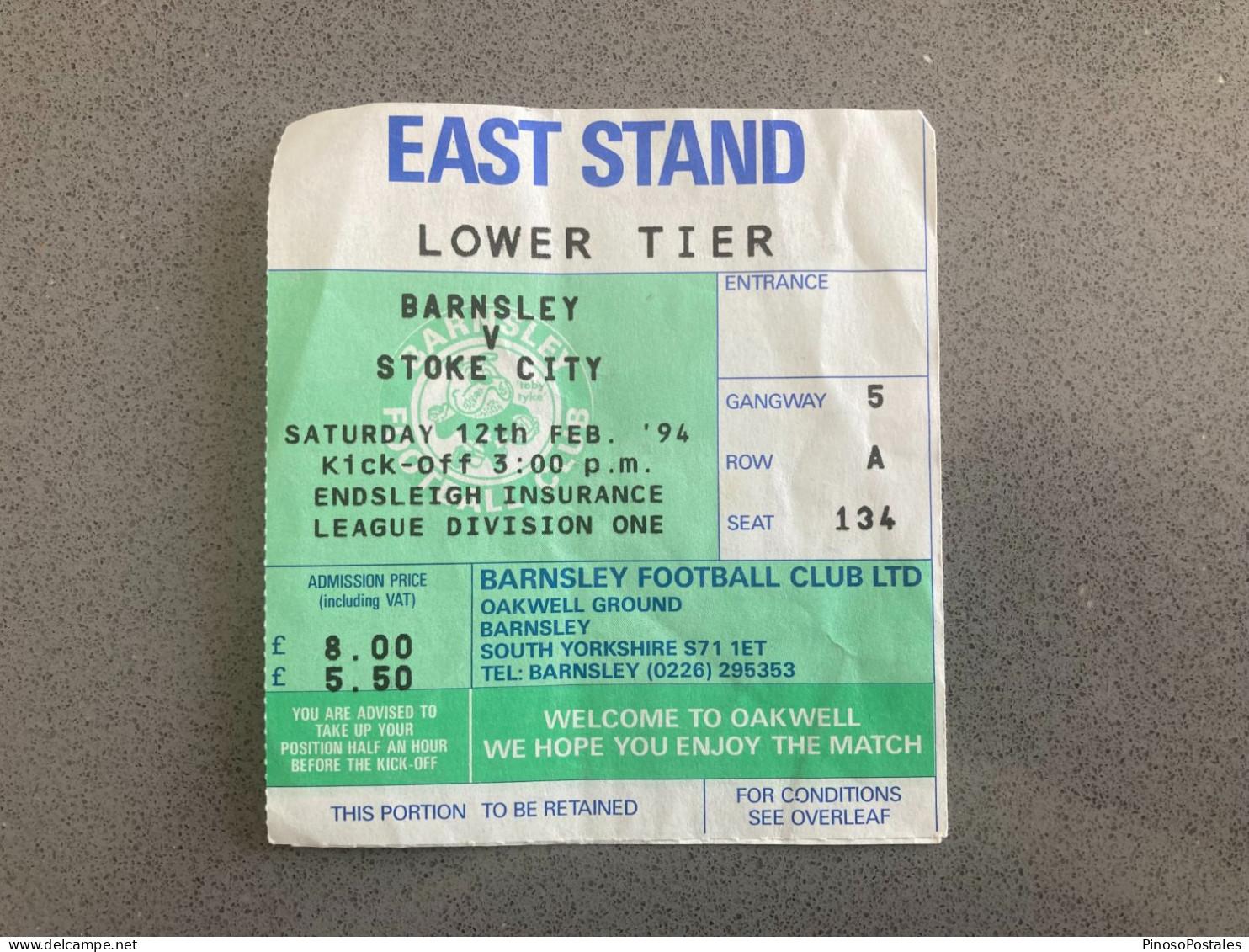 Barnsley V Stoke City 1993-94 Match Ticket - Tickets D'entrée