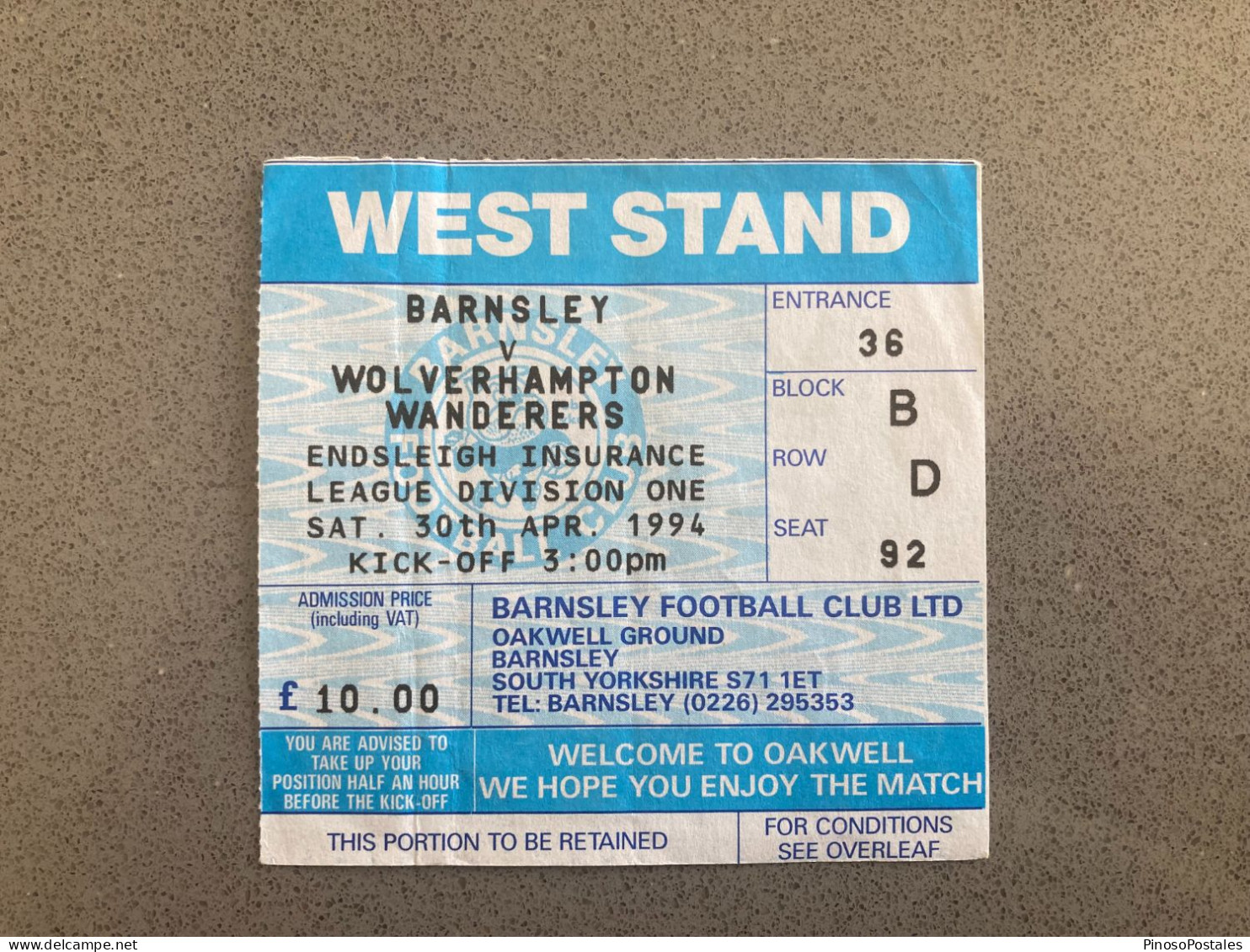 Barnsley V Wolverhampton Wanderers 1993-94 Match Ticket - Tickets & Toegangskaarten