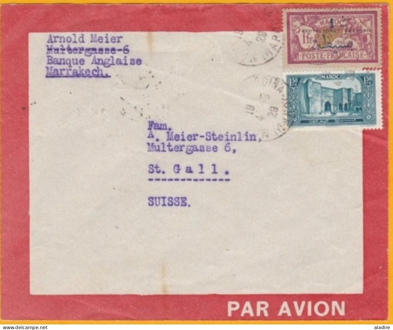 1929 - Maroc Précurseur Avion - Enveloppe De Marrakech Medina Vers St Gall, Suisse Via Casablanca - Cie Gale Aéropostale - Poste Aérienne