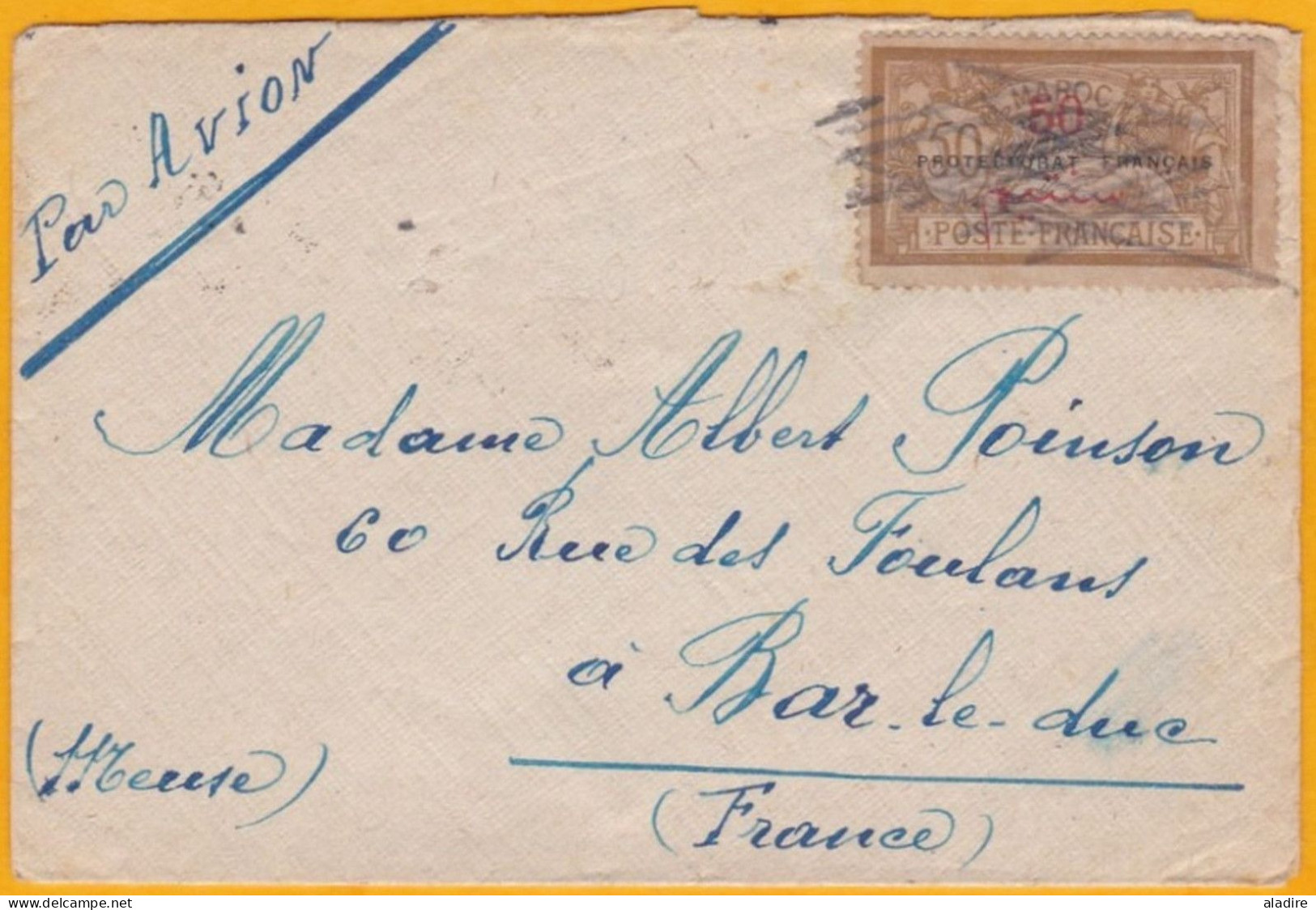 1922 - Ligne Maroc France Précurseur Latécoère - Enveloppe Par Avion De Meknes, Maroc Vers Bar Le Duc - Airmail