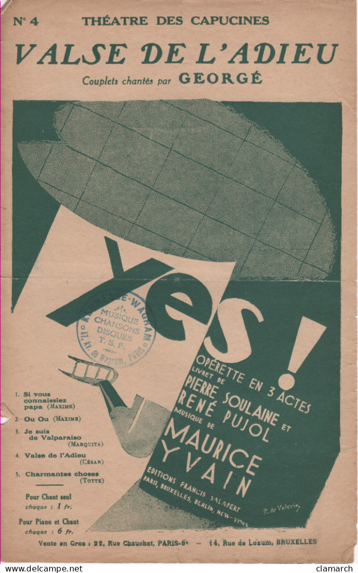 Partitions-VALSE DE L'ADIEU César De L'Opérette YES Paroles De P Soulaine & R Pujol, Musique De M Yvain - Scores & Partitions