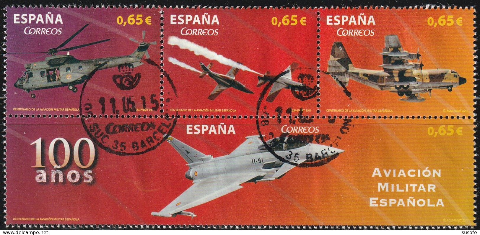 España 2011 Edifil 4653A/D Sellos º Aviacion Militar Española Helicoptero SA-332 Super Puma Avion CASA-101 Aviojets - Used Stamps