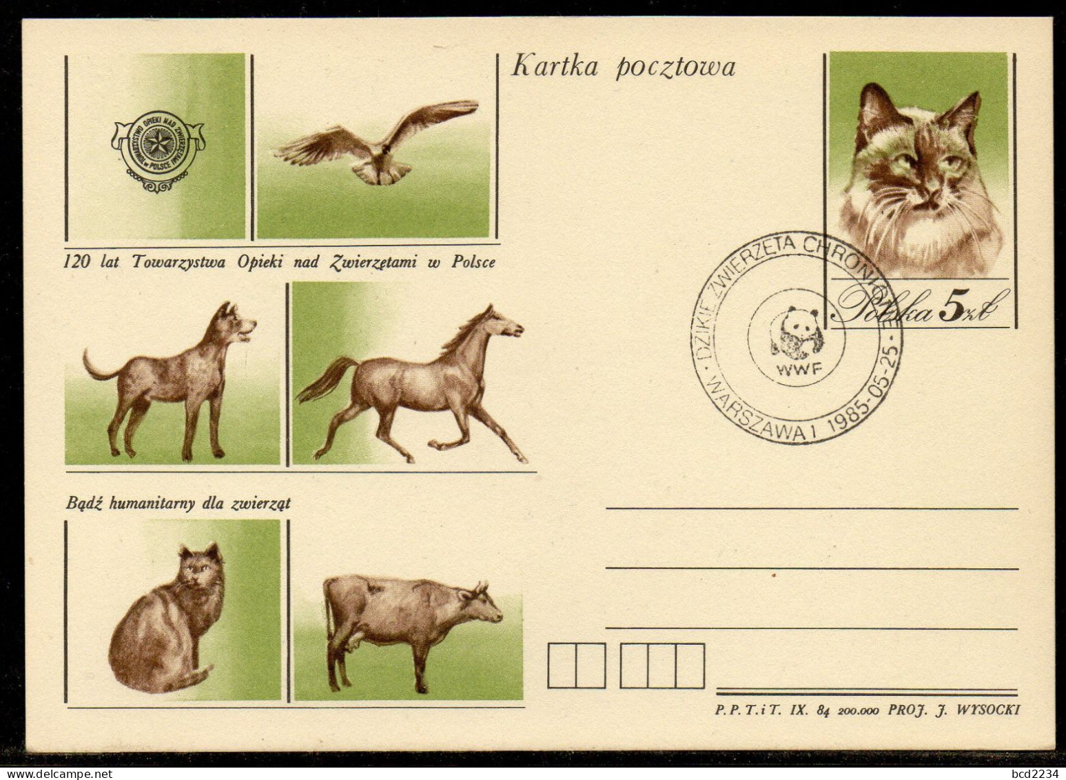 POLAND 1985 WWF PROTECTED WILD ANIMALS WARSAW SPECIAL CANCEL ON PC DOGS CATS BIRDS HORSES COWS POLISH - Honden