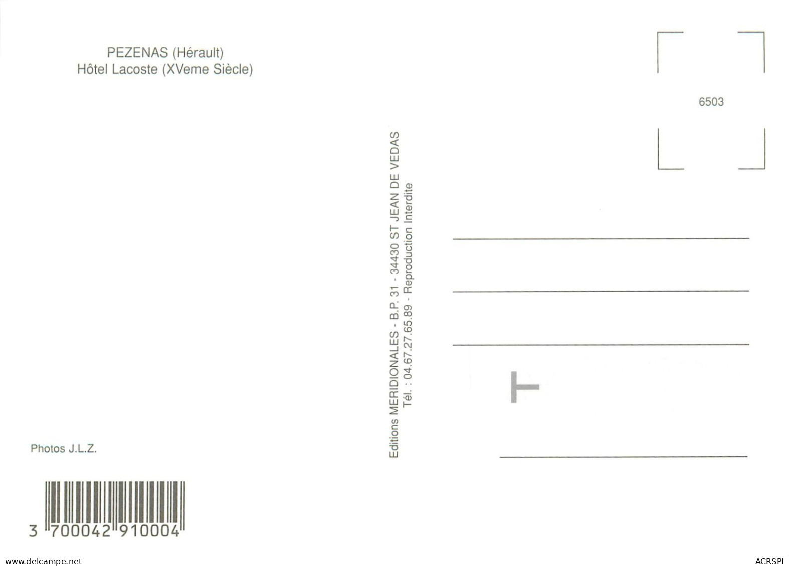 HERAULT PEZENAS  HOTEL LACOSTE  (scan Recto-verso) KEVREN0416 - Pezenas