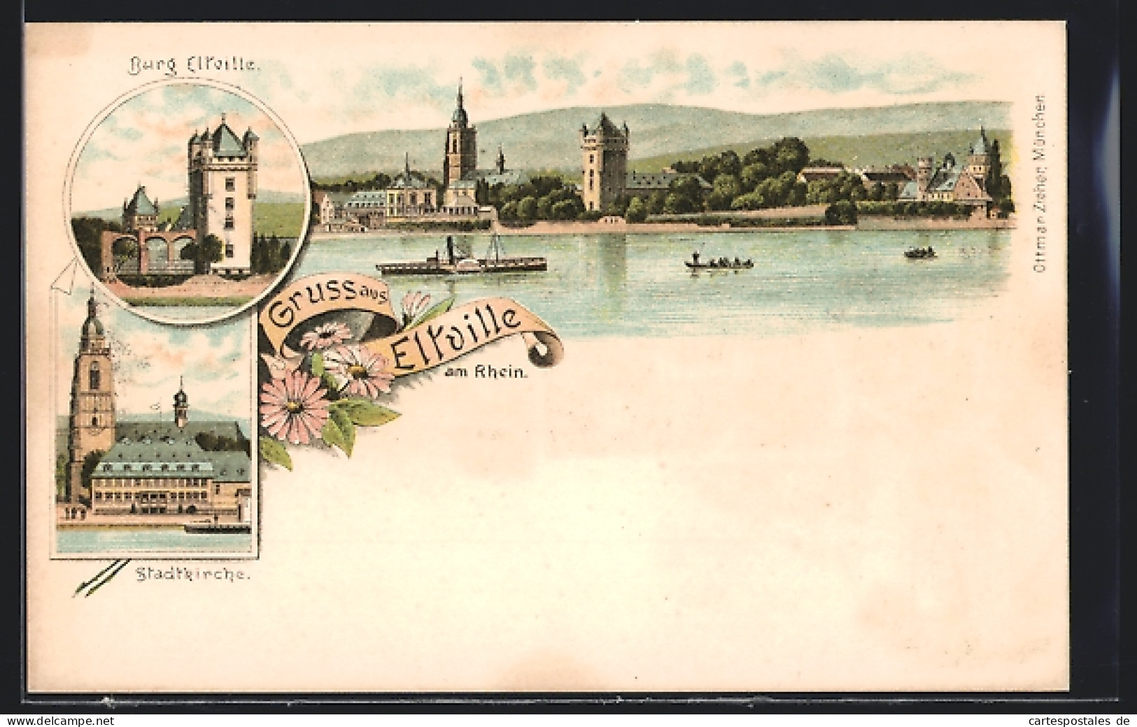 Lithographie Eltville Am Rhein, Stadtkirche, Burg, Dampfer Passiert Den Ort  - Eltville
