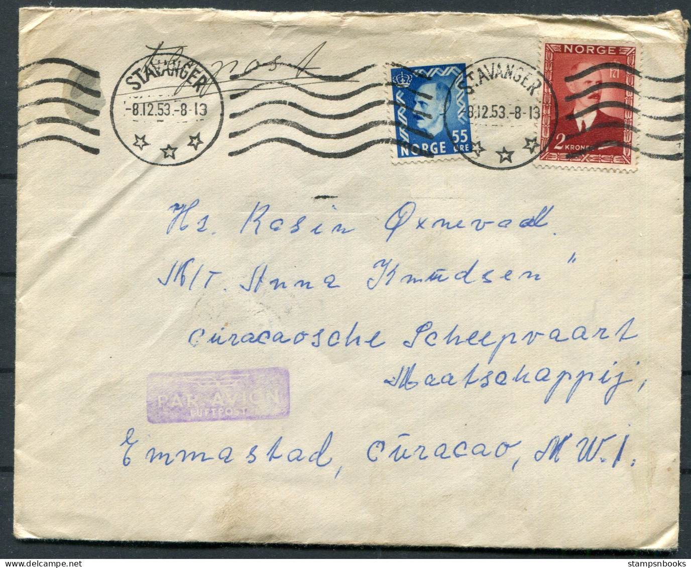 1953 Norway Stavanger Airmail Cover - Curacao Willemstad  - Lettres & Documents