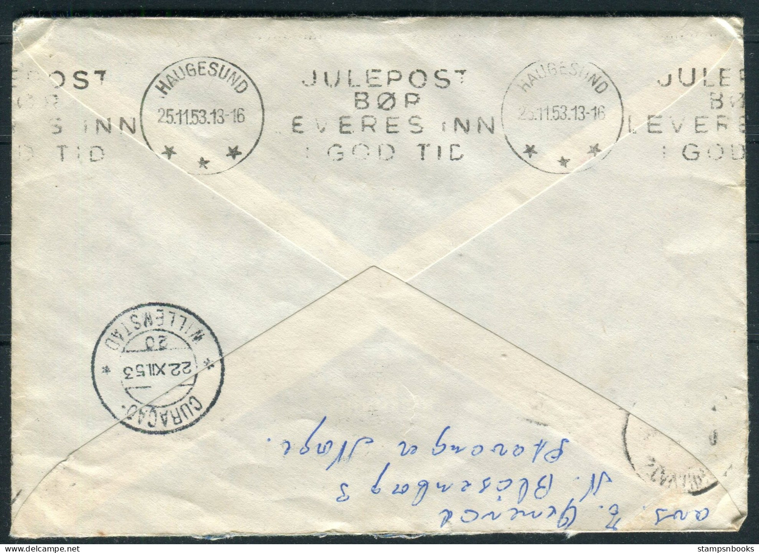 1953 Norway Stavanger Airmail Cover - Curacao Willemstad Via Haugesund Julpost Christmas - Brieven En Documenten