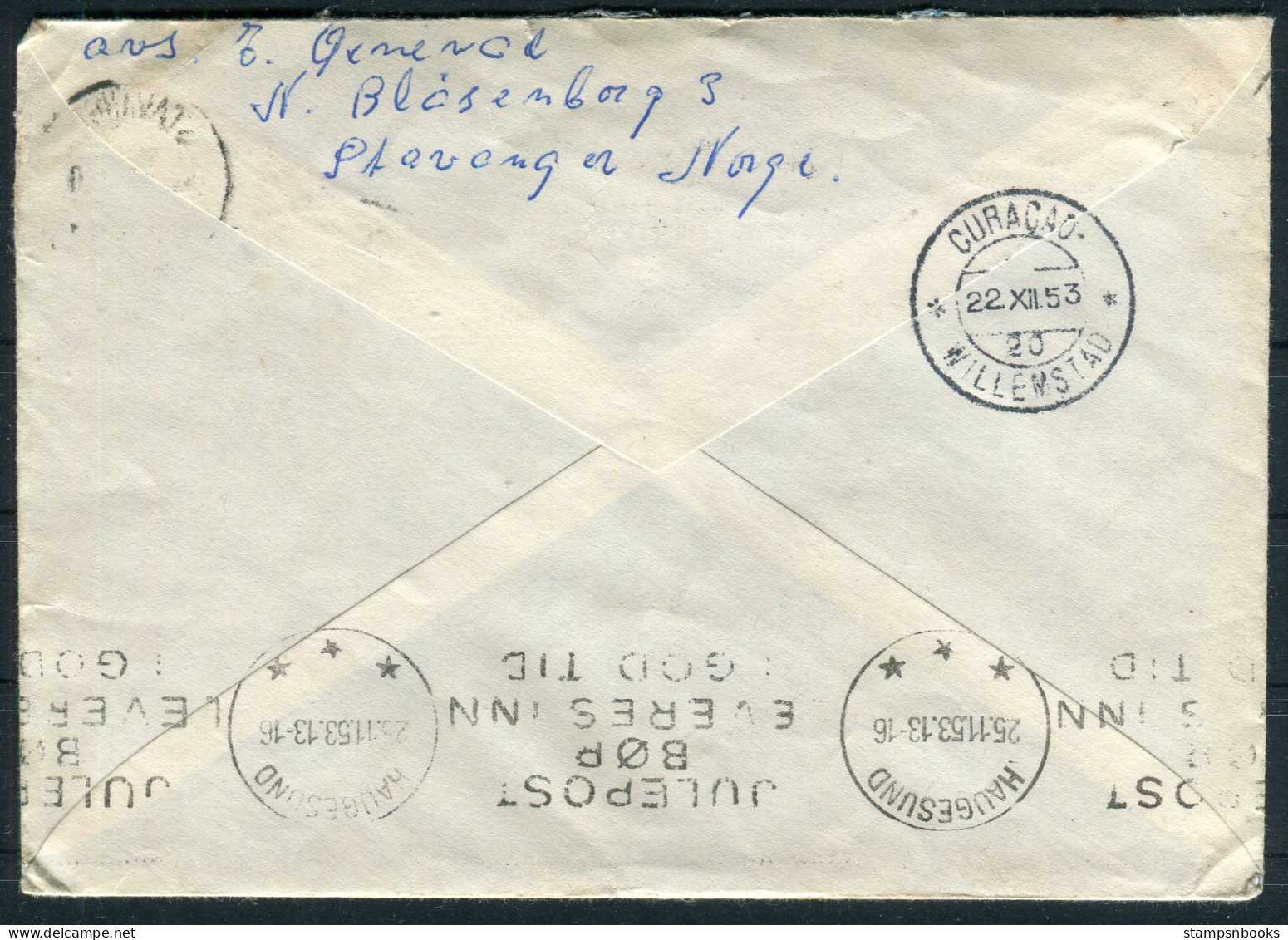 1953 Norway Stavanger Airmail Cover - Curacao Willemstad Via Haugesund Julpost Christmas - Briefe U. Dokumente