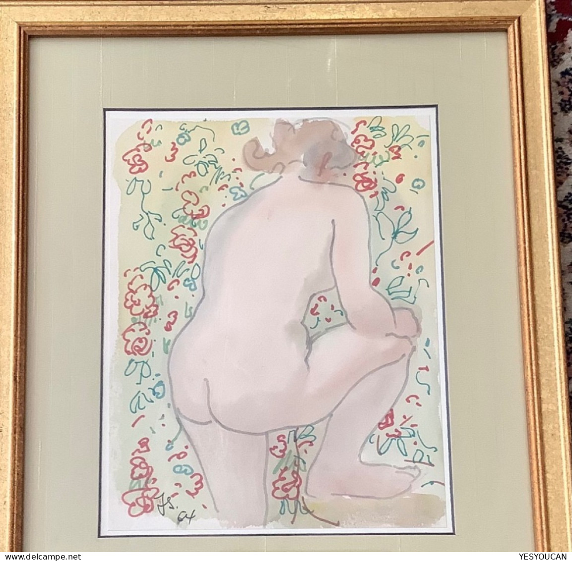 J.P.SCHÜPBACH (1906 Neuchatel-1992 Vevey) Aquarelle: Nu Femme Devant Tapiserie Fleurie (nue Art Suisse Schweizer Kunst) - Aquarel