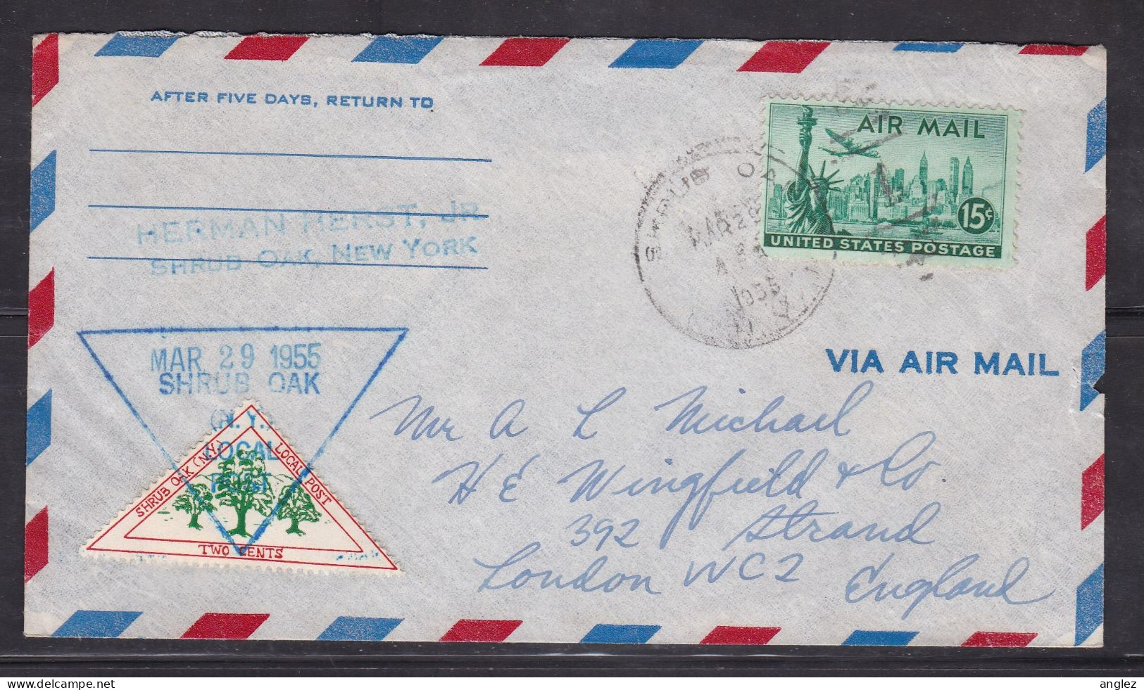 USA - 1955 Shrub Oak Local Post Cover Sent Airmail To UK - 2c Carriage Stamp / Cinderella - Briefe U. Dokumente