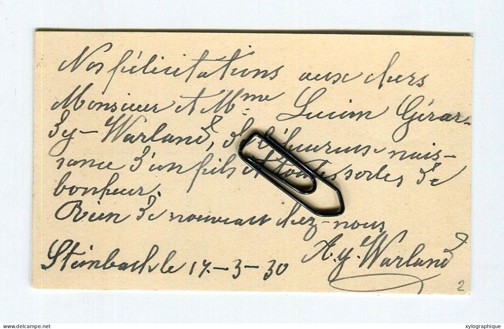 STEINBACH (Gouvy Limerlé) - Carte De Visite 1930, Voir Verso, Warland Meinguet, Pour Famille Gérardy Warland - Cartoncini Da Visita
