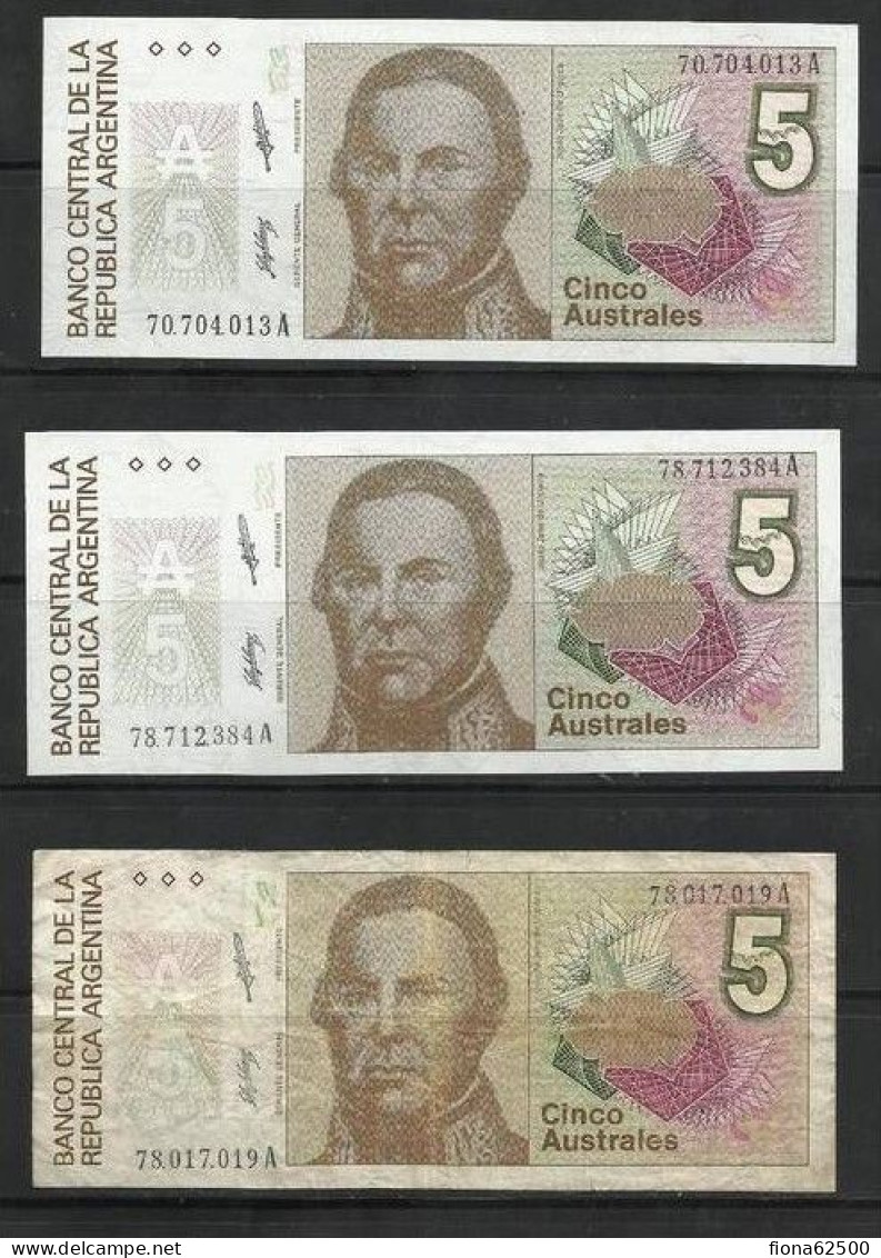 ARGENTINE . LOT DE TROIS BILLETS DE 5 AUSTRALES . - Argentinien