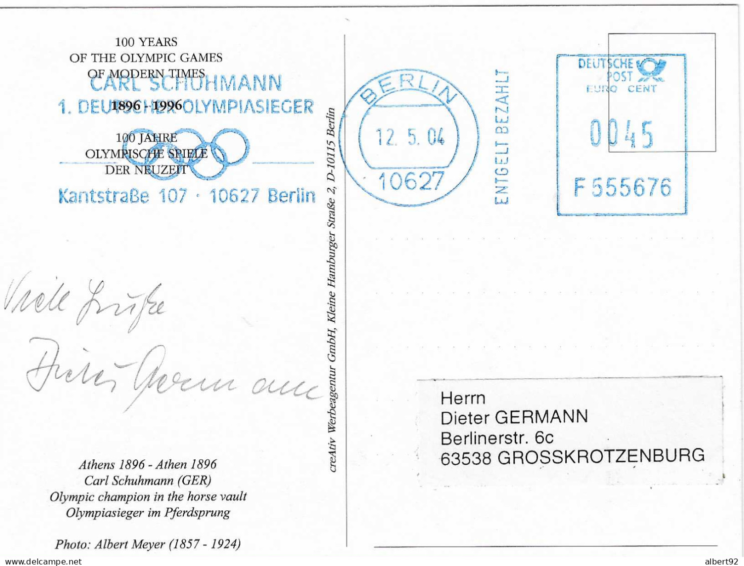 2004 EMA Hommage à Carl SCHUMANN Médaillé Or Aux Jeux Olympiques D'Athènes 1896 En Gymnastique (cheval D'arçon) - Zomer 1896: Athene