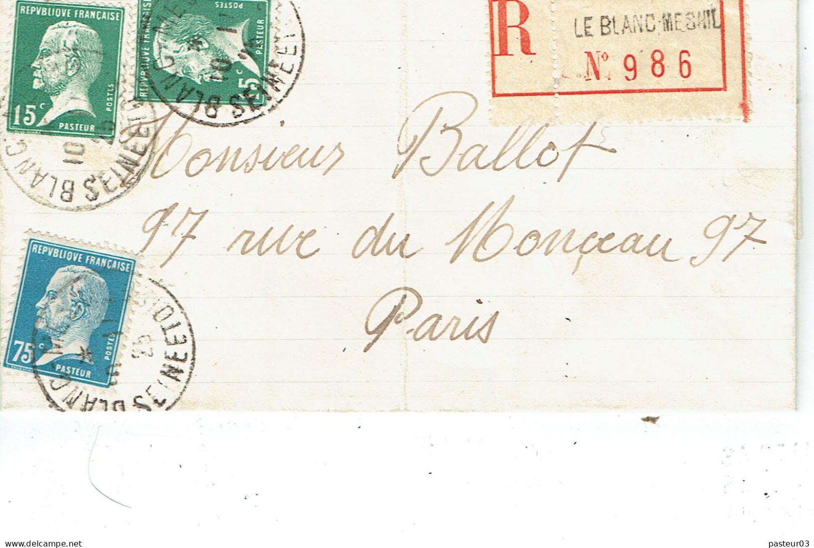 Tarifs Postaux France Du 16-07-1925 (19) Pasteur N° 176 50 C.x 2 + 5 C. Blanc Lettre Recommandée 1er échelon 10-11-1925 - 1922-26 Pasteur